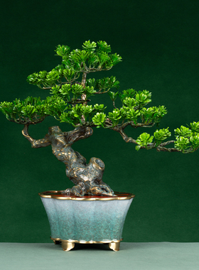 熙曼蒂崖柏盆景仿真迎客松高端绿植盆景摆件造景酒店装饰仿生树