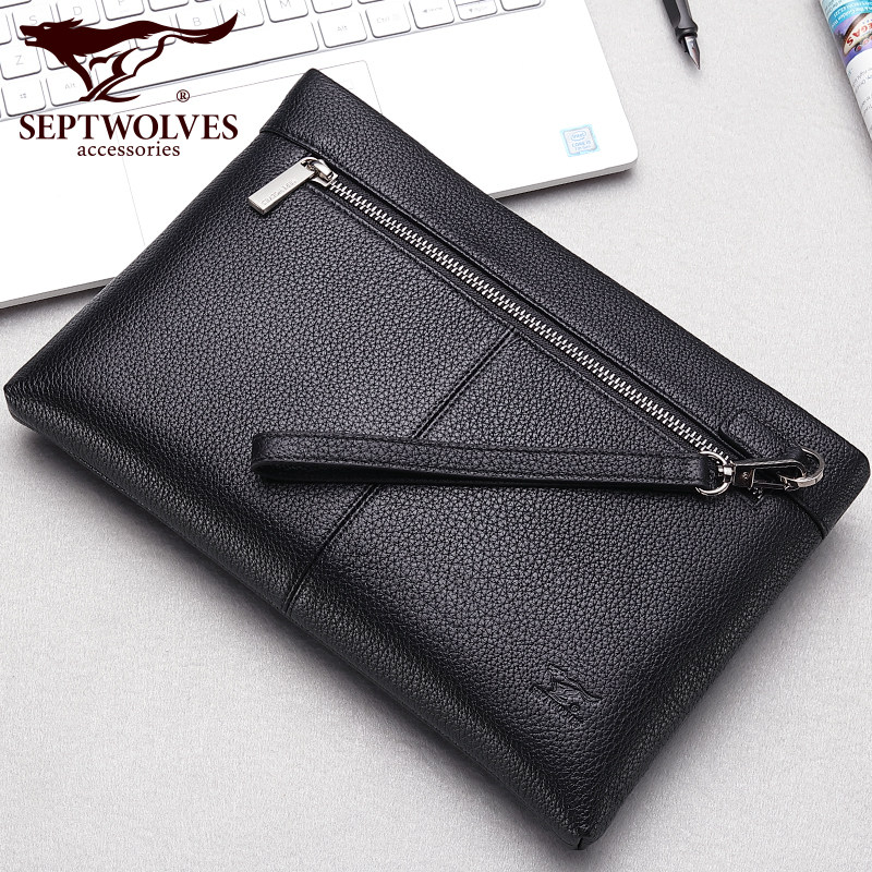 七匹狼休闲手拿包男大号夹包手提包 septwolves赤古男士包袋