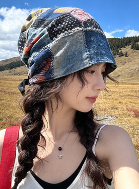 废土风系带包头帽子女撞色设计头巾帽夏秋季薄款堆堆帽旅游穿搭潮