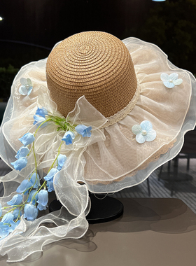 2026新品温柔甜美蓝色花朵草帽夏季度假海边沙滩帽蕾丝飘带太阳帽
