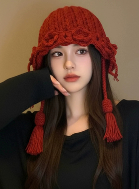 复古花朵手工编织辫子毛线帽女2026秋冬季保暖百搭流苏套头针织帽