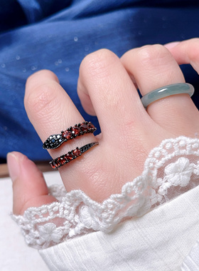 【黑金系列】甜酷风纯银戒指哥特风石榴石紫水晶黑尖晶电镀黑金