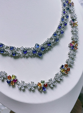 豪镶宫廷风s925纯银蓝宝石项链彩蓝宝满钻豪华精工款项链气质名媛