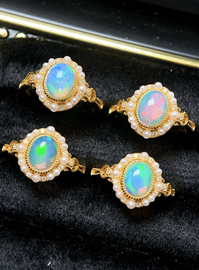 【温柔小贝珠】天然非洲欧泊戒指s925纯银活口可调节幻彩礼物