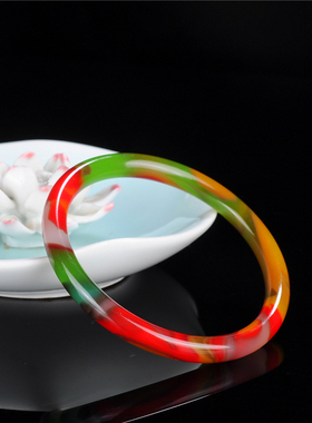 玉镯新疆七彩色玉手镯金丝玉彩色玉圆条红色镯子民族