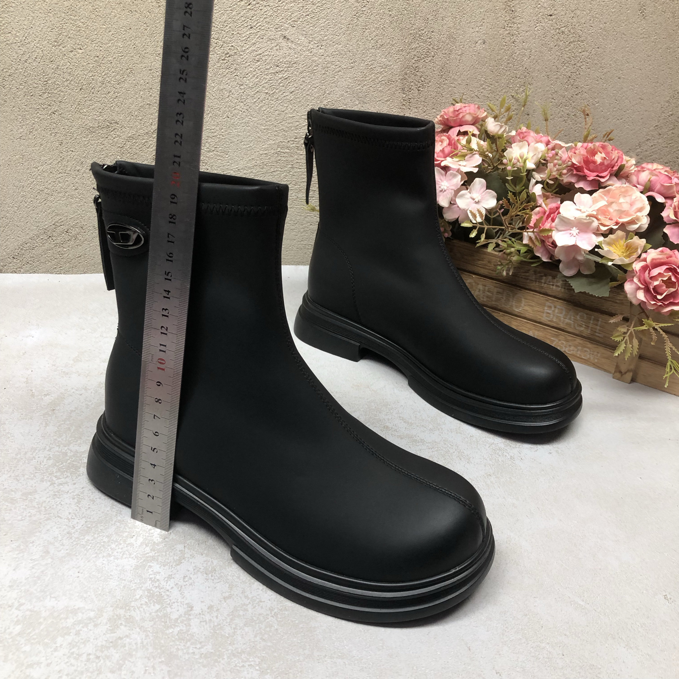 头层牛皮9W1759黑色加绒低跟后拉链气质百搭全皮瘦瘦靴秋冬洋气,淘宝优惠券,粉丝福利购,淘宝优惠卷