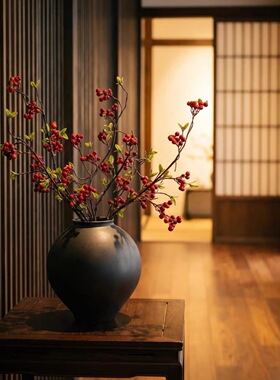 景德镇陶瓷花瓶摆件客厅插花餐桌干花仿真花中式复古陶罐黑色大肚