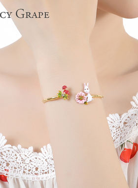 手镯女ins潮珐琅彩小白兔花朵开口可调节手饰品可爱兔子饰品网红