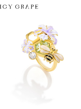 珐琅紫鸢尾花小蜜蜂戒指