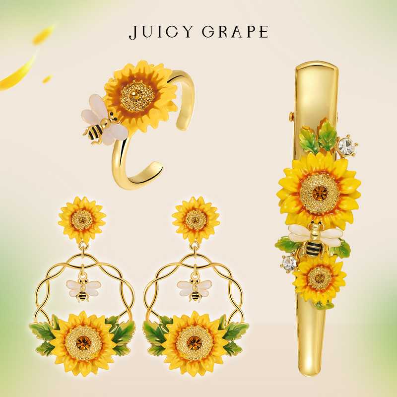 Juicy Grape原创设计珐琅向日葵项链手链耳环套装组合节日礼物-图0