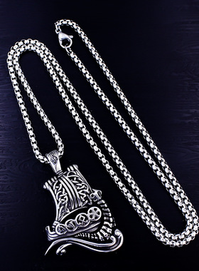 复古吊坠男士不锈钢项链复古维京海盗船符文维京海盗船卢恩字母