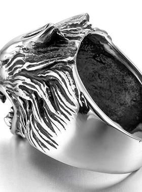 霸气风狼头复古钛钢指环戒子