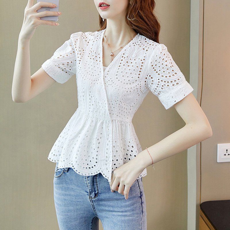 白色蕾丝衫短袖2020夏季新款衬衫 谛诗黛尔蕾丝衫/雪纺衫