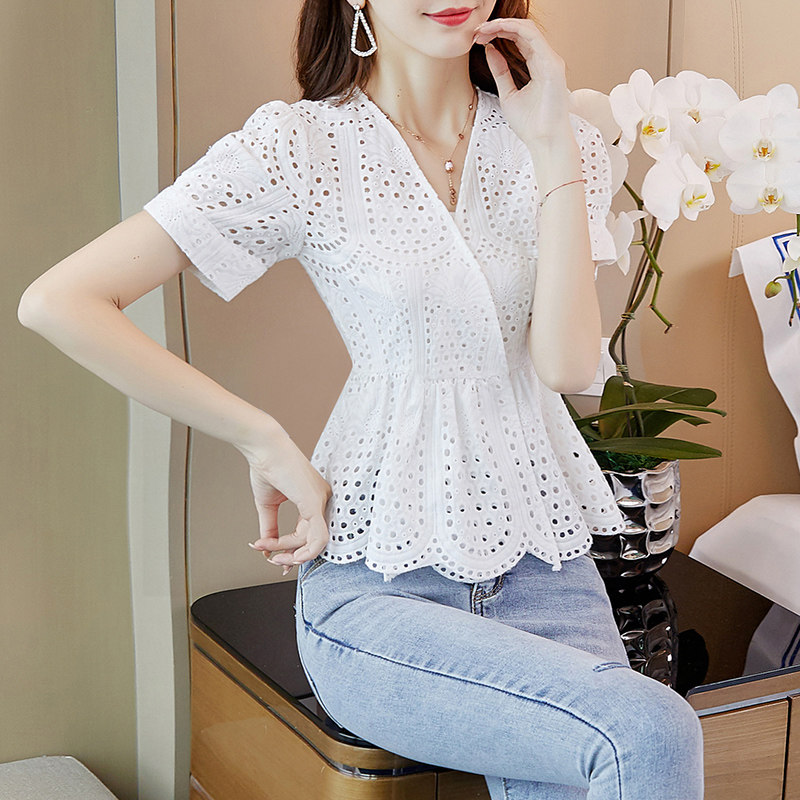 白色蕾丝衫短袖2020夏季新款衬衫 谛诗黛尔蕾丝衫/雪纺衫