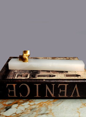 天然玉石镇尺书压摆件黄铜玉石镇纸售楼处样板房书柜软装饰品摆件