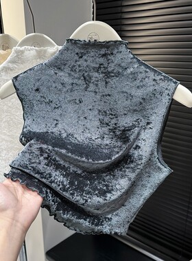 灰色半高领无袖短款T恤女