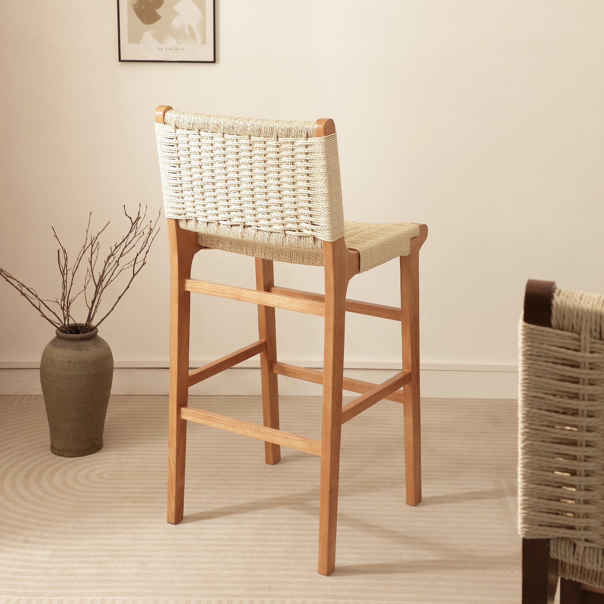 实木绳编吧椅家用复古餐椅酒吧餐厅高脚凳侘寂风岛台椅前台接待凳,淘宝优惠券,粉丝福利购,淘宝优惠卷