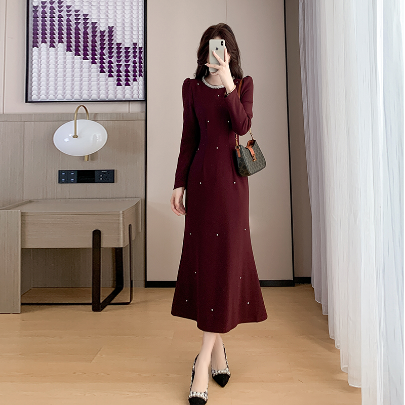 法式高级感重工连衣裙女长裙2025春秋季新款气质收腰显瘦鱼尾裙 - 图1