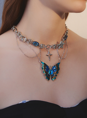 苏心新品高级感小众设计吊坠蓝色蝴蝶项链女甜酷辣妹配饰锁骨