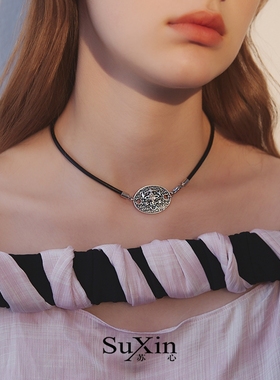 苏心饰品黑色皮绳吊牌项链女小众设计个性高级choker简约气