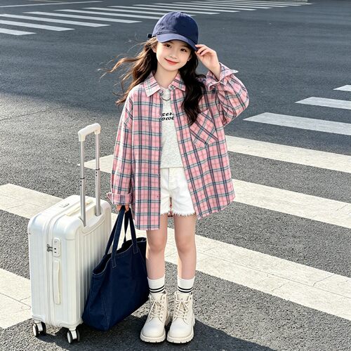 女童甜美可爱风格子衬衫2026春秋新款中大童洋气休闲衬衣格纹外套 - 图0