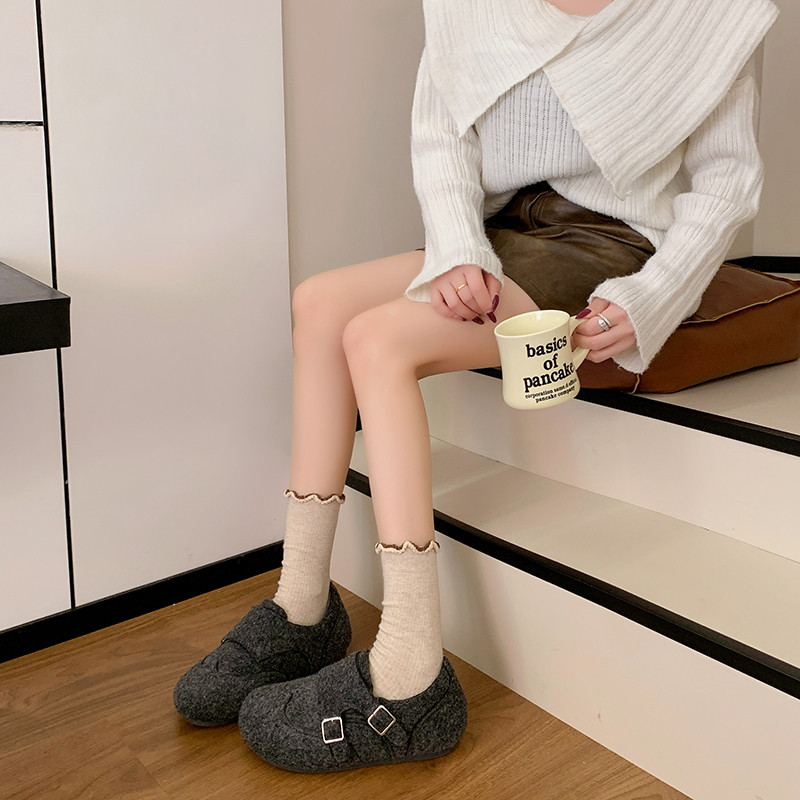 灰色毛呢勃肯鞋女秋冬厚底搭扣休闲乐福鞋加绒穆勒鞋,淘宝优惠券,粉丝福利购,淘宝优惠卷