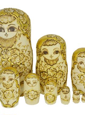 俄式套10层小尺寸 套娃粘金工艺有浮雕感原木表面烙画黑线十层