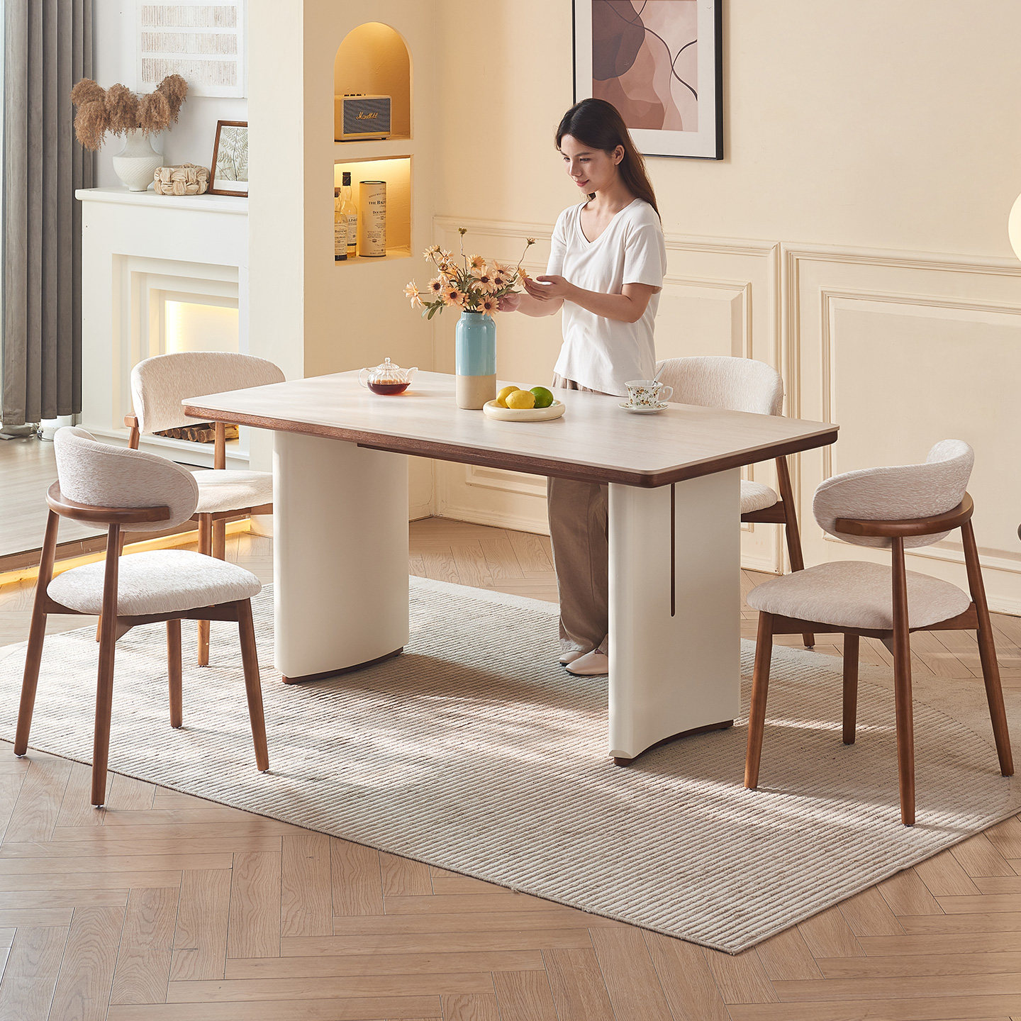 贝米餐桌1. 6米法式实木岩板餐桌椅组合6人长方形家用设计师新款 - 图0