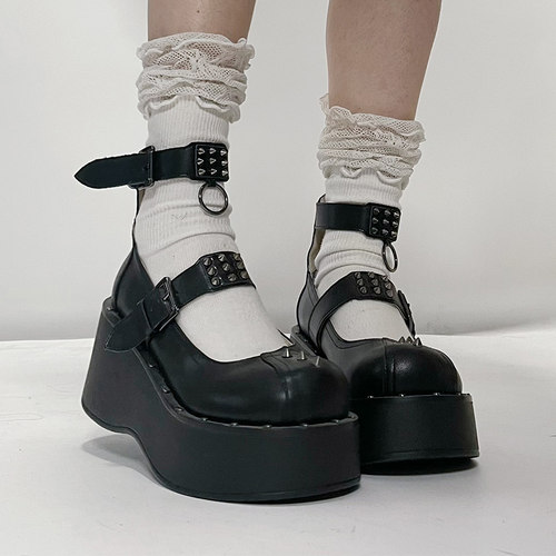 时光里的店亚文化铆钉朋克厚底女鞋脚踝绑带辣妹鞋小众白色大头鞋 - 图0