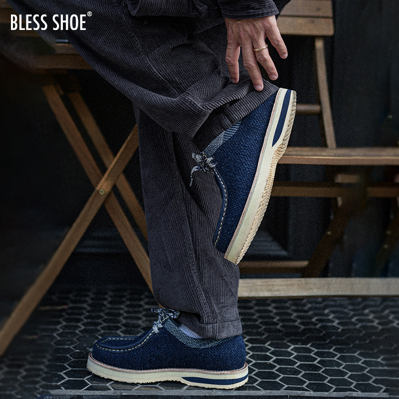 BLESS SHOE INDIGO KENDO手工蓝染刺子布秋季复古潮流休闲袋鼠鞋 - 图1
