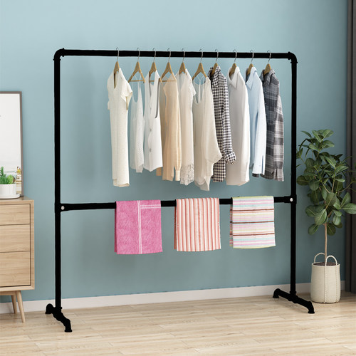 单杠置地式烤漆黑色晾衣架落地简易室内家用卧室阳台凉挂衣服架子 - 图1