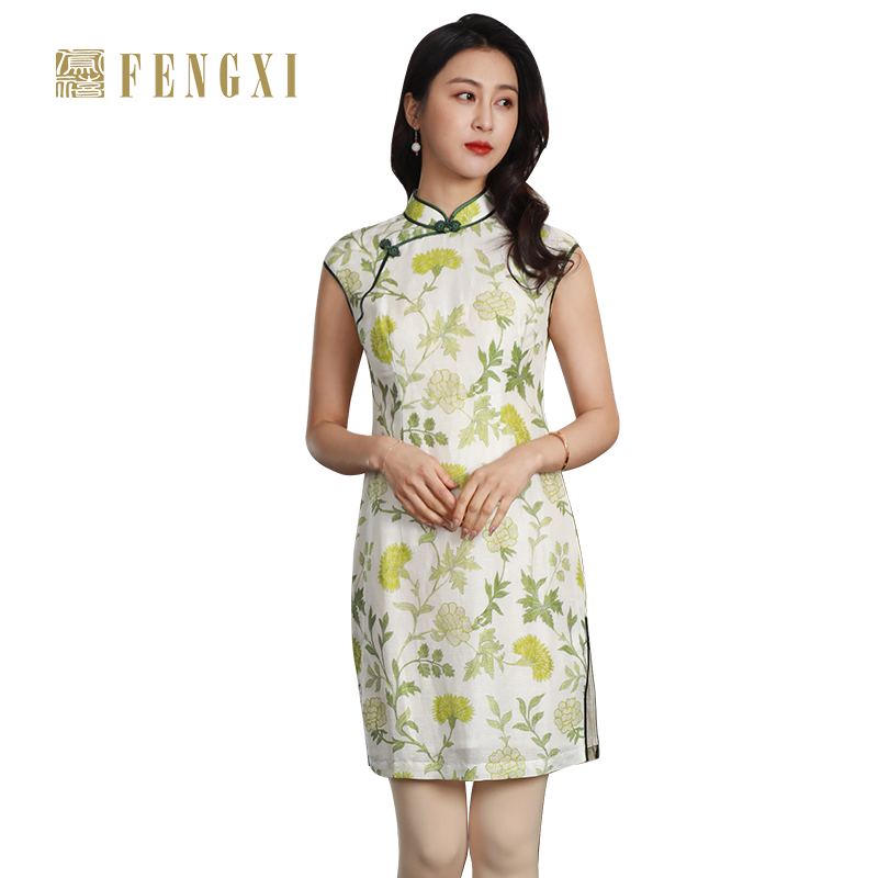 凤禧旗袍2023年新款春夏短款亚麻小个子旗袍日常年轻小清新女 - 图3