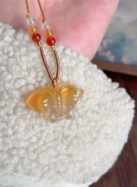 翩然若梦 原创天然冰彩玉髓蝴蝶吊坠项链 国风项链女士挂坠