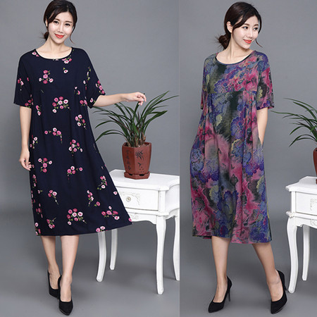 夏季加肥加大码女装中老年连衣裙 路易白鲸连衣裙