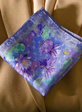 紫色睡莲花真丝花螺小方巾女春秋百搭桑蚕丝丝巾领巾薄款护颈围巾