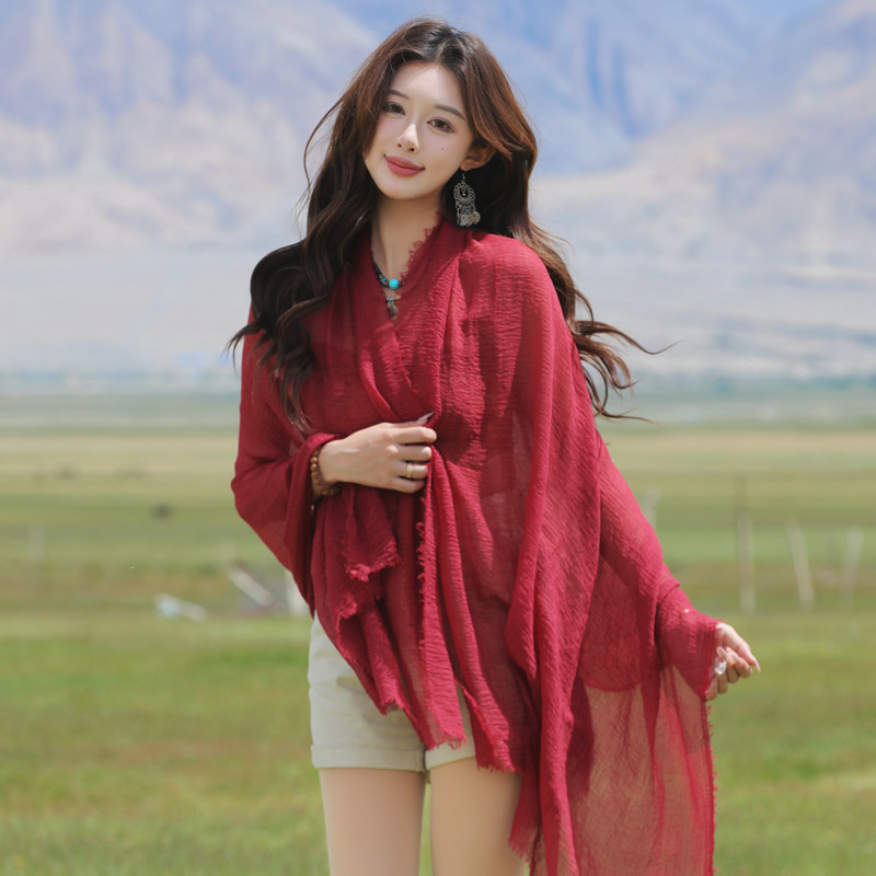 大红色酒红色围巾女棉麻秋冬季薄款百搭长款披肩两用亚麻丝巾防晒,淘宝优惠券,粉丝福利购,淘宝优惠卷
