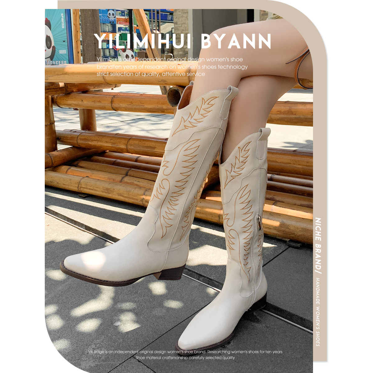 一力米灰 加州日落~！刺绣尖头西部牛仔靴粗跟高筒骑士靴长靴子女,淘宝优惠券,粉丝福利购,淘宝优惠卷