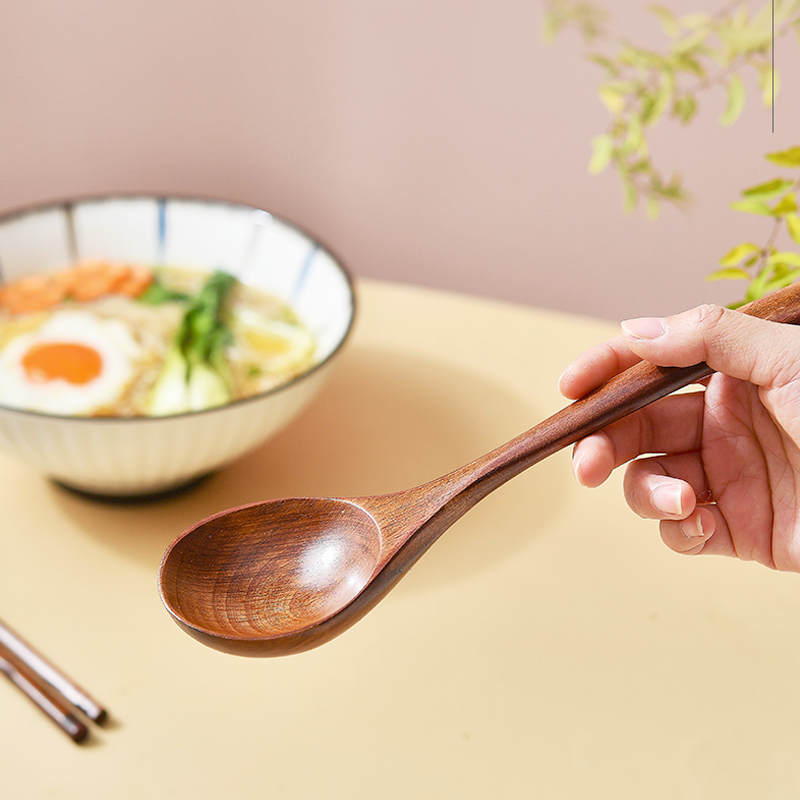 网红干饭勺汤勺家用盛汤日式拉面勺长柄实木勺子吃饭用大号盛粥勺-图2