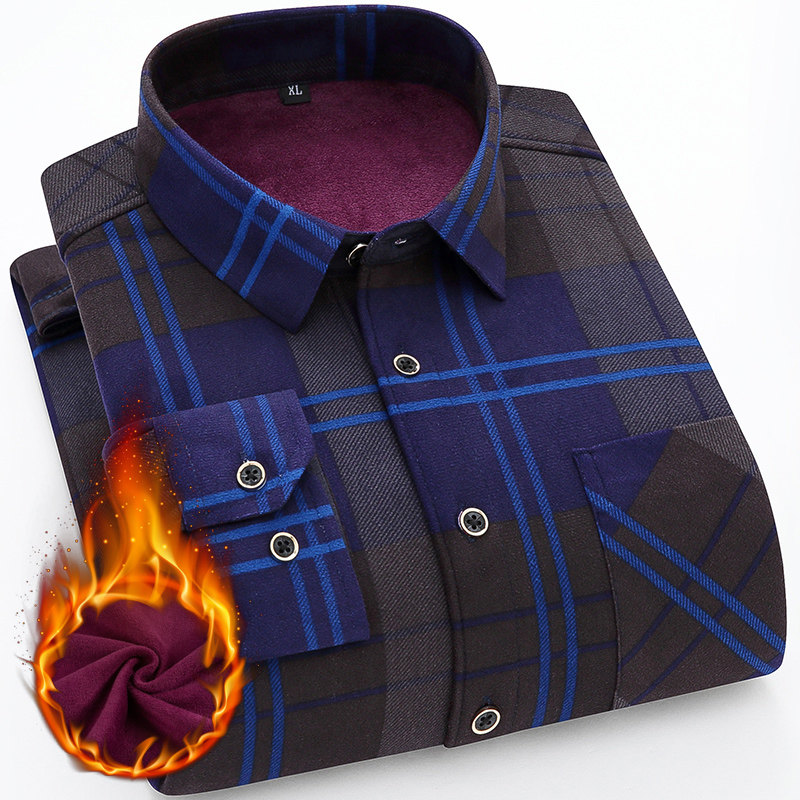 格子长袖男士中老年加绒加厚潮衬衫 曼彻斯服饰衬衫