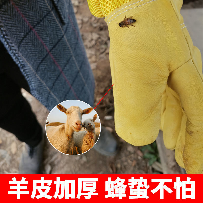 加长防蜂手套羊皮手套蜜蜂防护专用透气耐磨加厚中蜂意蜂养蜂工具