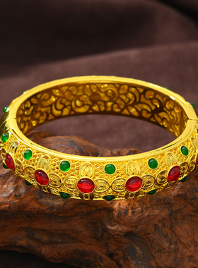 景泰蓝复古奢华雕刻宫廷风传承黄金色花丝镂空镶嵌宽手镯配饰品女