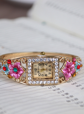 景泰蓝水晶手表方形宫廷复古玫瑰花朵型镂空开口流行首饰情侣镯子