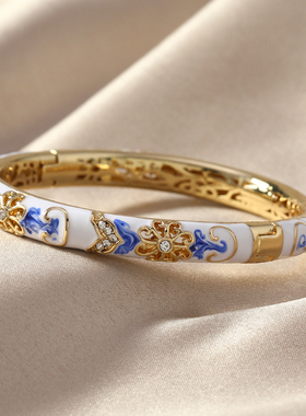 新中式景泰蓝青花瓷手镯女掐丝珐琅开口双层手环复古国风旗袍饰品