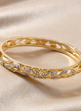 新中式国风景泰蓝珐琅开口单层镂空细手镯子叶子款纪念品礼物首饰