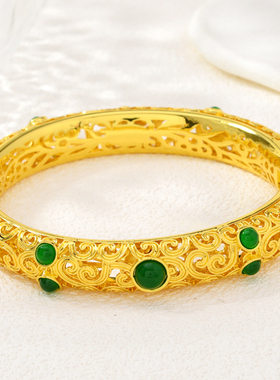 新款古法金工艺双层镂空冰玉鎏金手镯复古民族风传统开口手镯首饰