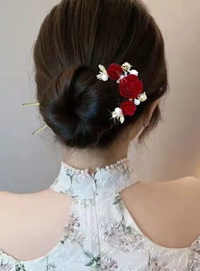民族风红色U型发簪后脑勺汉服