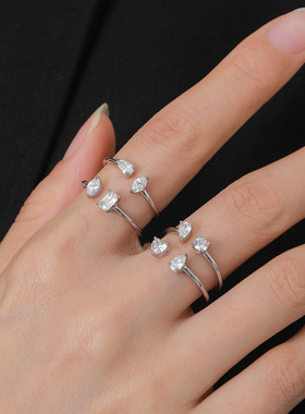 时尚S925银ins冷淡轻奢风闪亮锆石开口戒指女简约几何设计食指戒