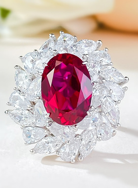 隆隆金珠宝S925银镶嵌9*13mm鸽血红鸽子蛋满钻豪镶红色高碳钻女