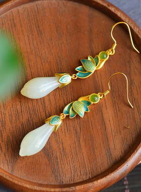 S925银玉兰花白玉复古宫廷风中国风气质百搭小众长款女士耳环