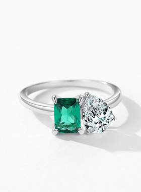 s925银戒指女祖母绿欧美个性指环跨境网红镀白金仿真钻戒时尚饰品